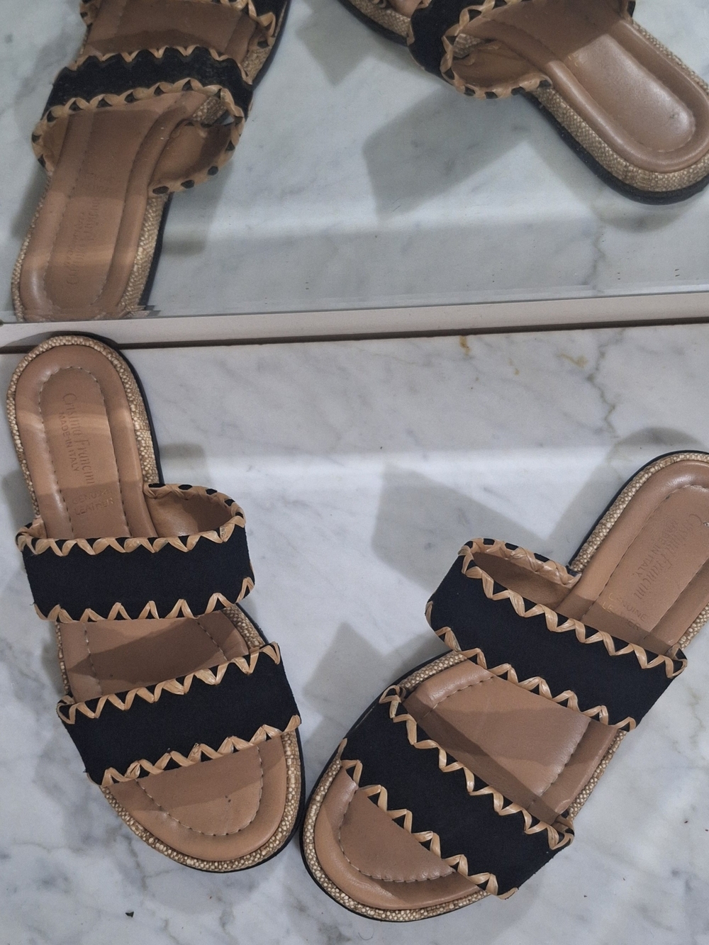 Black and Tan Double Strap Slide Sandal